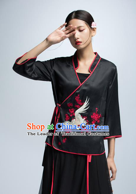 Chinese Traditional Costume Embroidered Crane Cheongsam Blouse China National Upper Outer Garment Shirt for Women