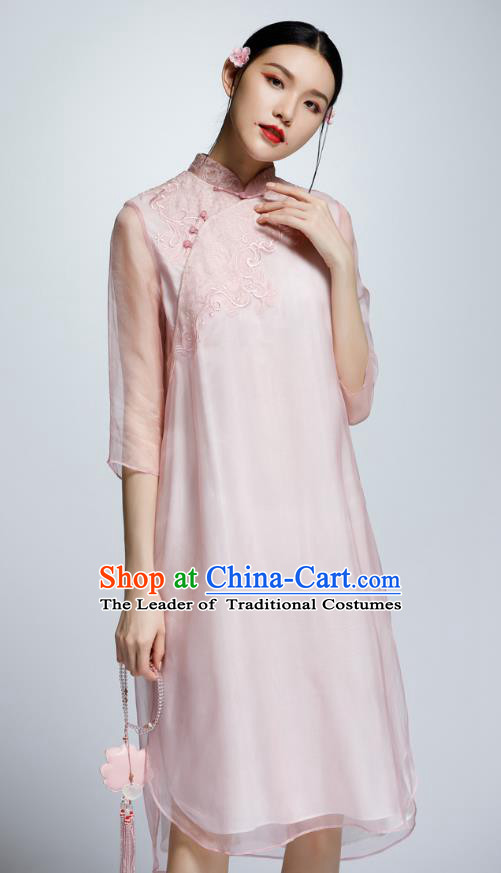 Chinese Traditional Embroidered Pink Cheongsam China National Costume Qipao Dress for Women