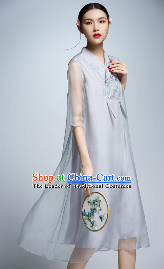 Chinese Traditional Embroidered Grey Cheongsam China National Costume Tang Suit Qipao Dress for Women