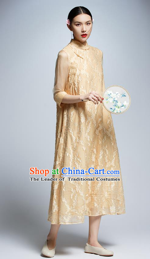 Chinese Traditional Embroidered Yellow Lace Cheongsam China National Costume Tang Suit Qipao Dress for Women