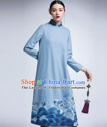 Chinese Traditional Tang Suit Blue Woolen Cheongsam China National Qipao Dress for Women