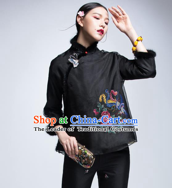 Chinese Traditional Tang Suit Black Cotton-Padded Jacket China National Upper Outer Garment Cheongsam Shirt for Women