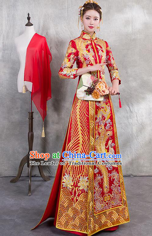 Traditional Chinese Ancient Trailing Diamante Bottom Drawer Embroidered Phoenix Xiuhe Suit Wedding Dress Toast Red Cheongsam for Women