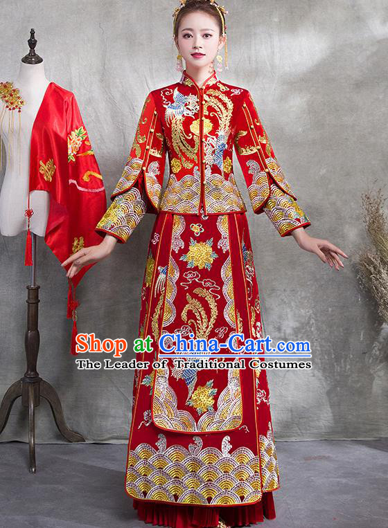 Traditional Chinese Ancient Red Toast Cheongsam Embroidered Phoenix Bottom Drawer Xiuhe Suit Wedding Dress for Women
