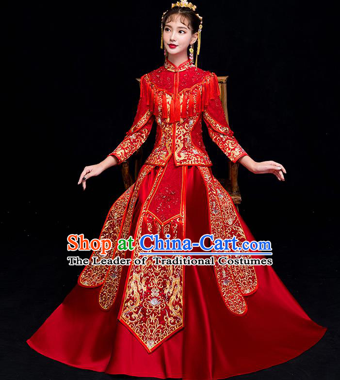 Chinese Traditional Wedding Embroidered Dress Toast Diamante Costumes Ancient Bride Xiuhe Suit Clothing for Women