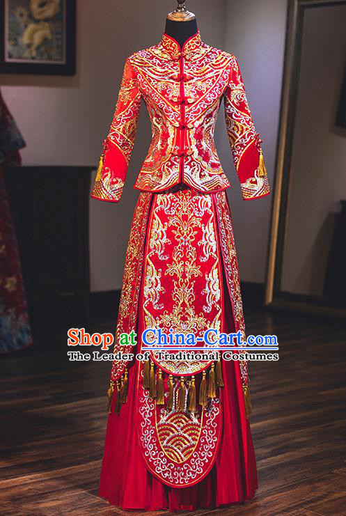 Chinese Traditional Wedding Embroidered Red Bottom Drawer Costume Ancient Bride Xiuhe Suit Clothing for Women