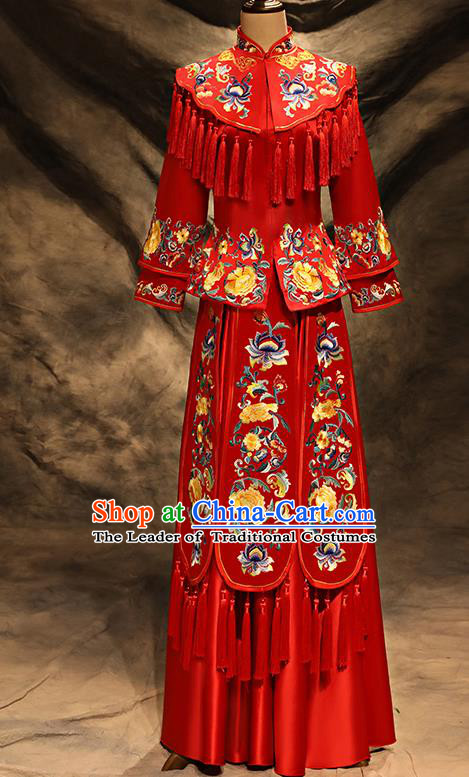 Traditional Chinese Embroidered Peony Toast Cheongsam Ancient Bottom Drawer Xiuhe Suit Wedding Dress for Women