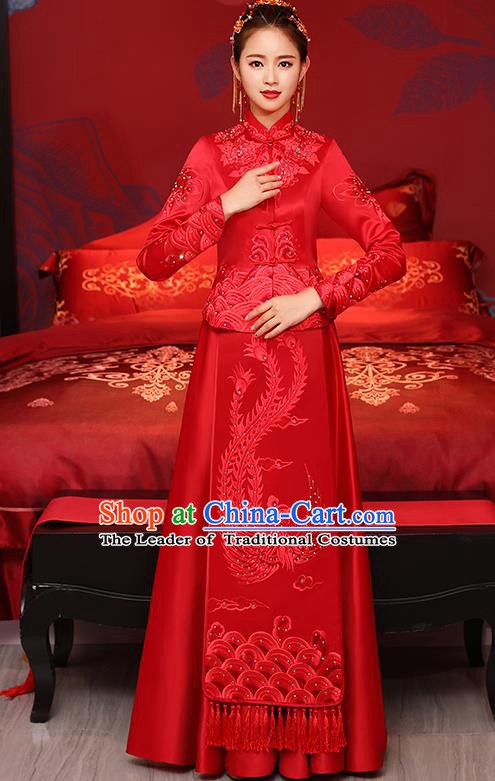 Traditional Chinese Toast Cheongsam Ancient Embroidered Phoenix Bottom Drawer Xiuhe Suit Wedding Dress for Women