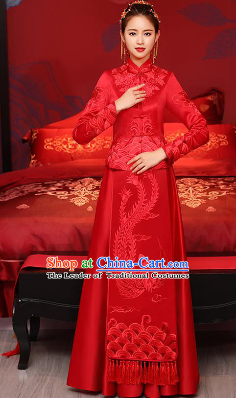 Traditional Chinese Toast Cheongsam Ancient Embroidered Phoenix Red Bottom Drawer Xiuhe Suit Wedding Dress for Women