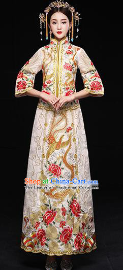 Traditional Chinese White Toast Cheongsam Ancient Embroidered Peony Phoenix Bottom Drawer Xiuhe Suit Wedding Dress for Women