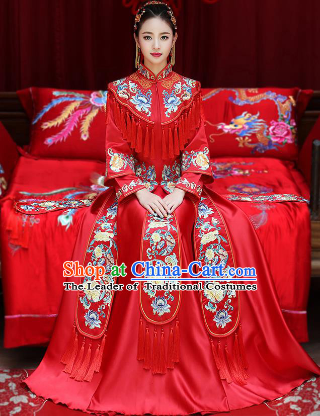 Chinese Traditional Embroidered Peony Xiuhe Suit Longfeng Flown Ancient Bottom Drawer Wedding Dress for Women