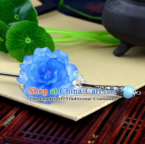 Chinese Traditional Ancient Hair Accessories Hanfu Hairpins Blue Peony Hairdo Crown Headwear for Women