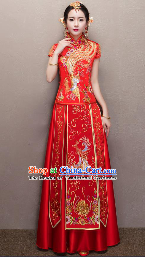 Chinese Traditional Xiuhe Suit Embroidered Peony Longfeng Flown Ancient Bottom Drawer Wedding Dress for Women