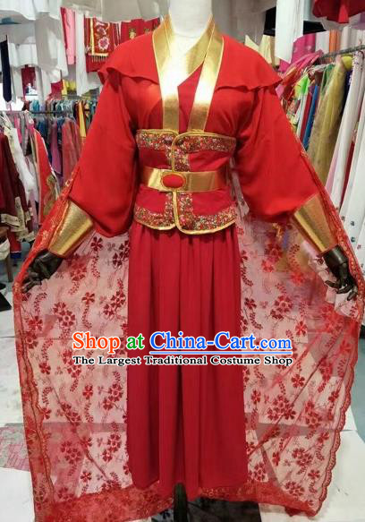 Chinese Traditional Peking Opera Actress Red Embroidered Dress Ancient Swordswoman Costume for Adults