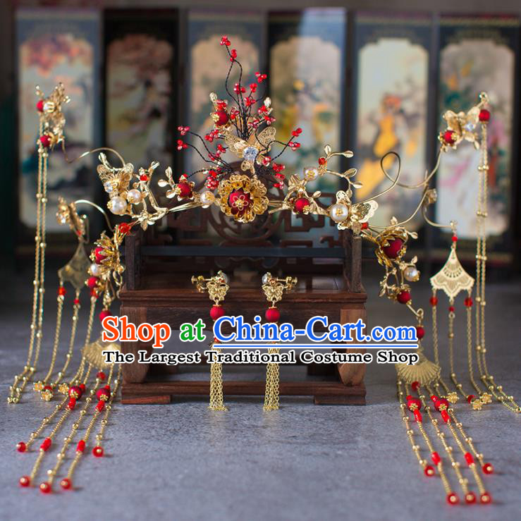 Chinese Ancient Red Beads Phoenix Coronet Wedding Hair Accessories Traditional Hairpins for Women