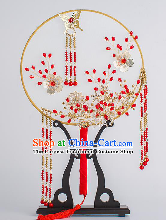 Chinese Traditional Palace Fans Ancient Bride Wedding Red Beads Tassel Round Fans for Women