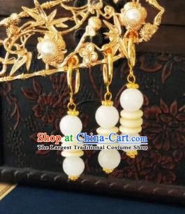 Chinese Ancient Jade Beads Earrings Qing Dynasty Manchu Palace Lady Three Strings Ear Accessories for Women