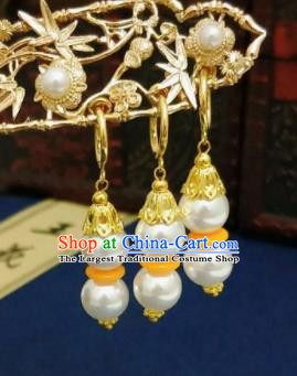 Chinese Ancient Three Strings Pearls Earrings Qing Dynasty Manchu Palace Lady Ear Accessories for Women