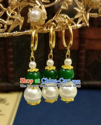 Chinese Ancient Green Pearls Earrings Qing Dynasty Manchu Palace Lady Three Strings Ear Accessories for Women