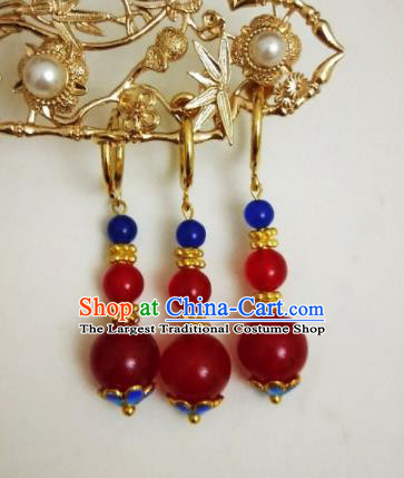Chinese Ancient Three Strings Red Beads Earrings Qing Dynasty Manchu Palace Lady Ear Accessories for Women