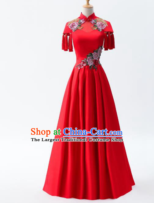 Chinese Traditional National Cheongsam Compere Chorus Costume Red Full Dress for Women