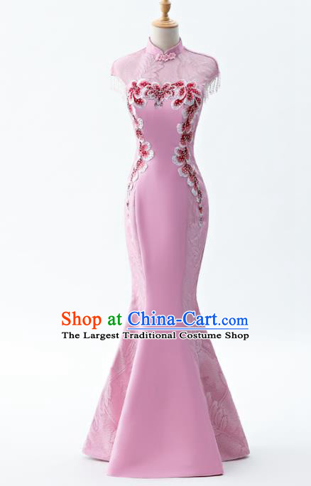 Chinese Traditional National Wedding Cheongsam Compere Chorus Costume Pink Full Dress for Women
