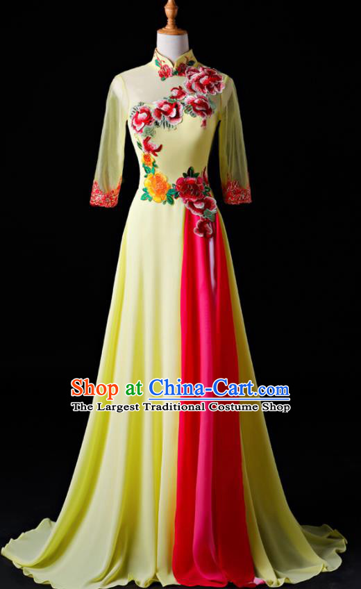 Chinese Traditional National Yellow Cheongsam Compere Chorus Costume Folk Dance Full Dress for Women