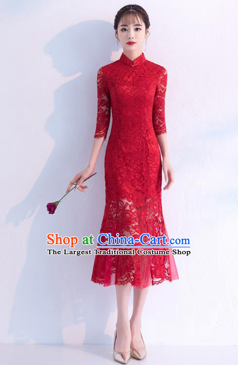 Chinese Traditional Wedding Full Dress Wine Red Lace Cheongsam Compere Costume for Women