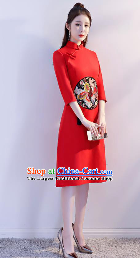 Chinese Traditional Full Dress Embroidered Red Cheongsam Compere Costume for Women