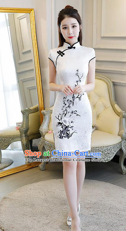 Chinese Traditional Qipao Dress Printing White Cheongsam Compere Costume for Women