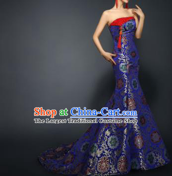 Chinese Traditional Qipao Dress Royalblue Trailing Cheongsam Compere Costume for Women