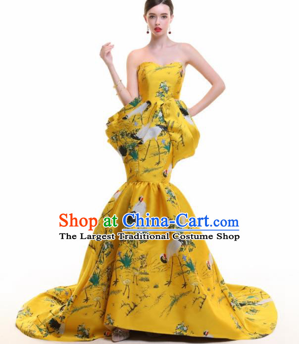 Chinese Traditional Cheongsam Yellow Trailing Full Dress Compere Chorus Costume for Women