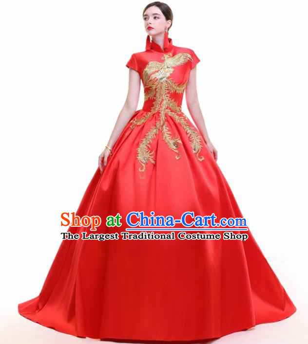 Chinese Traditional Embroidered Phoenix Red Bubble Full Dress Compere Chorus Costume for Women