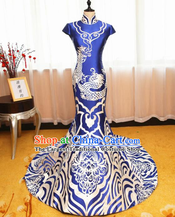 Chinese Traditional Catwalks Blue Cheongsam Compere Chorus Costume for Women