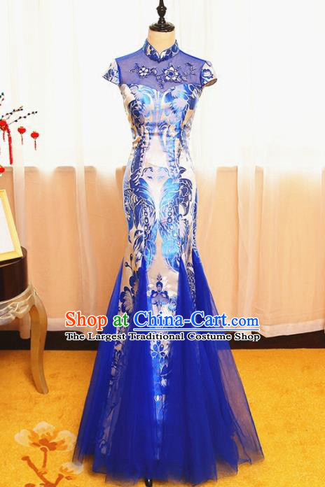 Chinese Traditional Catwalks Blue Veil Cheongsam Compere Chorus Costume for Women