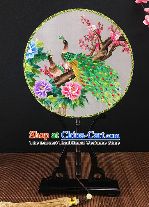Chinese Traditional Craft Embroidered Peacock Wintersweet Palace Fans Round Fan for Women