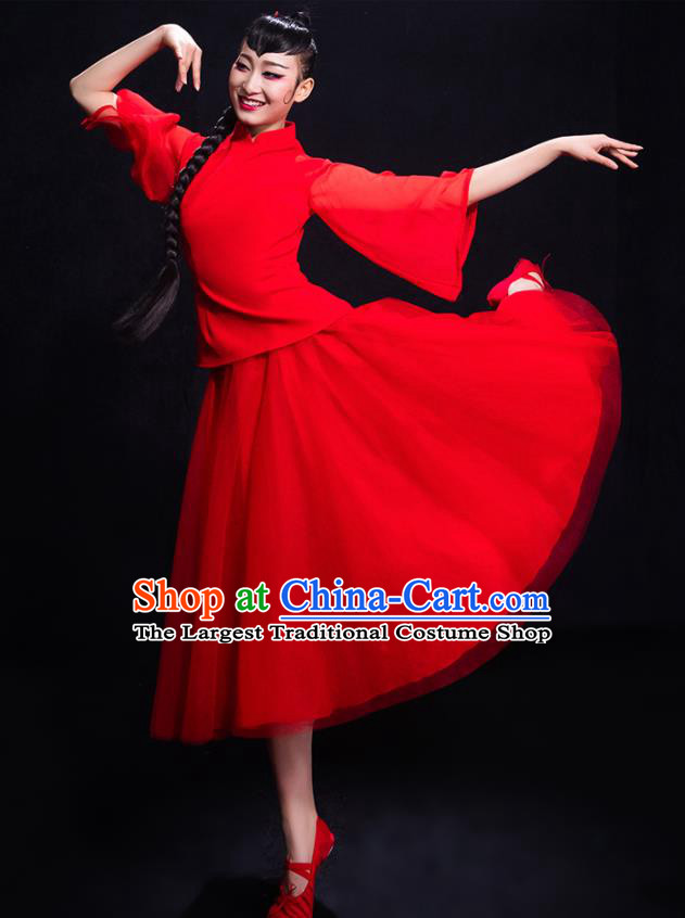 Chinese Traditional Yangko Dance Umbrella Dance Red Clothing Classical Dance Costume for Women