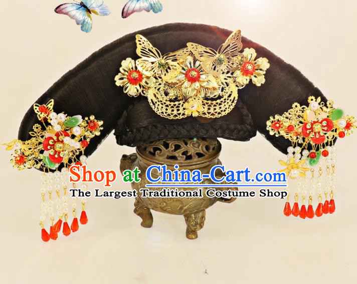 Chinese Traditional Drama Hair Accessories Ancient Qing Dynasty Princess Wig and Hairpins Headwear for Women