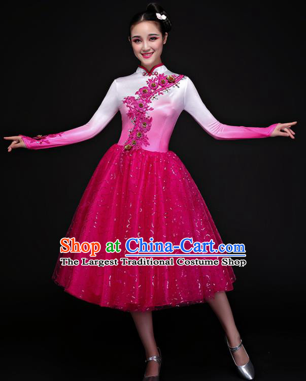 Chinese Traditional Chorus Folk Dance Rosy Dress Classical Dance Costume for Women