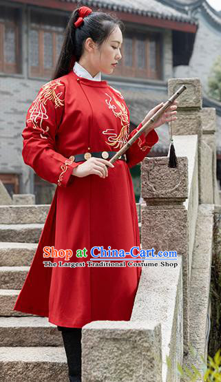 Chinese Traditional Ming Dynasty Swordswoman Costume Ancient Embroidered Red Robe for Women