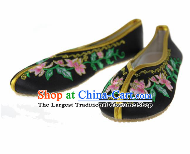 Asian Chinese Ancient Black Satin Hanfu Shoes Traditional Embroidered Shoes for Kids