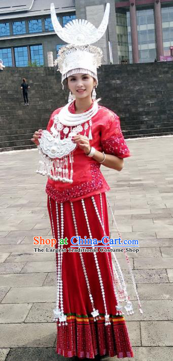 Traditional Chinese Miao Minority Costumes Embroidered Red Dress and Headwear for Women