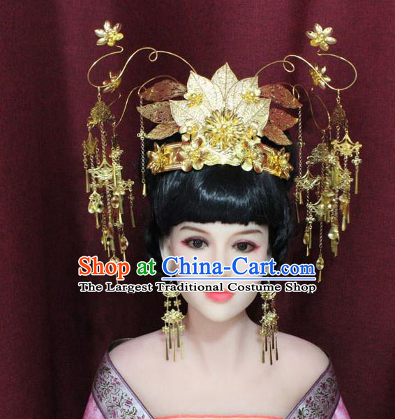 Chinese Ancient Palace Hair Accessories Handmade Tang Dynasty Princess Golden Phoenix Coronet Hairpins for Women