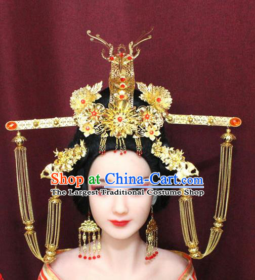 Chinese Ancient Handmade Hair Accessories Tang Dynasty Empress Golden Phoenix Coronet Hairpins for Women