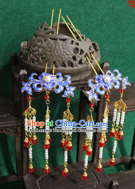 Chinese Ancient Empress Handmade Hair Accessories Blueing Chrysanthemum Hairpins for Women