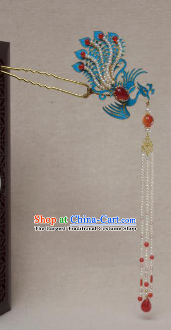 Chinese Qing Dynasty Agate Hairpins Phoenix Step Shake Hair Accessories Ancient Handmade Hanfu Hair Clip for Women