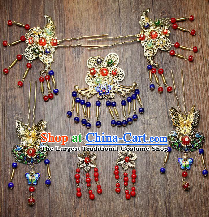 Chinese Ancient XiuHe Suit Handmade Blueing Butterfly Hairpins Hair Accessories Complete Set for Women
