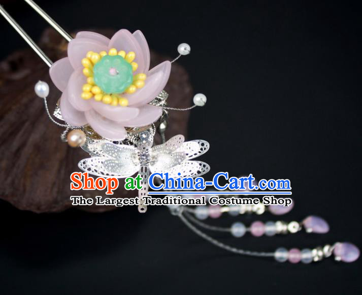 Chinese Ancient Handmade Hanfu Pink Lotus Hair Clip Hairpins Hair Accessories for Women