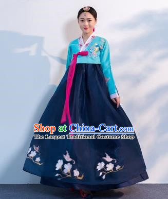 Asian Korean Traditional Costumes Korean Hanbok Blue Embroidered Blouse and Navy Skirt for Women
