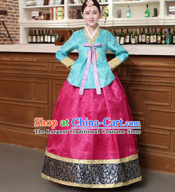 Korean Traditional Costumes Asian Korean Hanbok Palace Bride Embroidered Blue Blouse and Rosy Skirt for Women